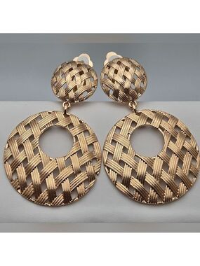 Bamboo Weave Disc Dangle Earrings Vintage Textured Gold Tone Large